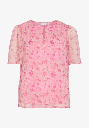 Roosa lühikeste varrukatega pluus akvarelllillemustri, ümmarguse kaeluse, võtmeaugulise lõike ning kergelt puhvis varrukatega.