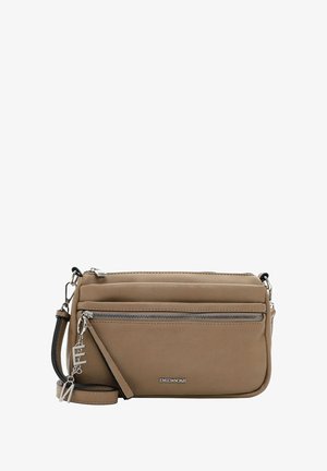 Tan leather crossbody bag with a detachable strap, featuring a front zipper pocket and a subtle logo accent. Smooth texture, rectangular shape.