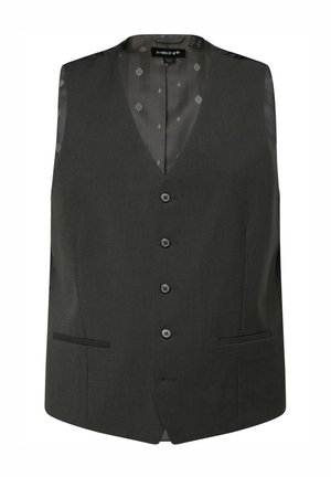 Tummanharmaa liivi, jossa on V-pääntie, kuusi nappia ja kaksi etutaskua. Sisältää kuviollisen vuoren ja sileän pinnan.