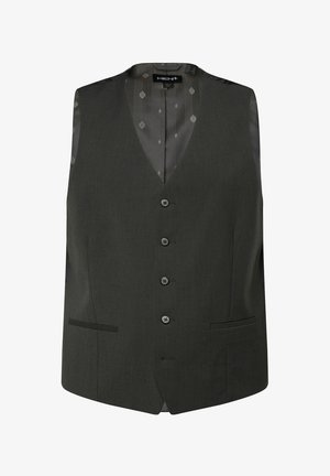 Mørkegrå vest med V-hals, seks knapper og to forlommer. Har et mønstreret indvendigt for og en glat tekstur.