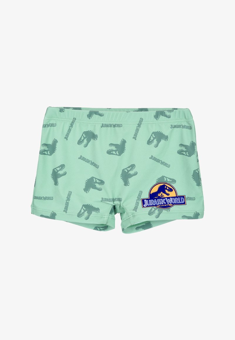 Shorts de bain vert menthe avec un imprimé de dinosaure et le logo "Jurassic World" en bleu et jaune, fabriqués à partir d'un matériau léger et extensible.