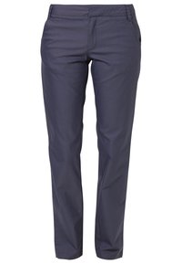 Navy blue trousers made of smooth, lightweight fabric. Features a slim fit, front pockets, and a flat waistband without embellishments.