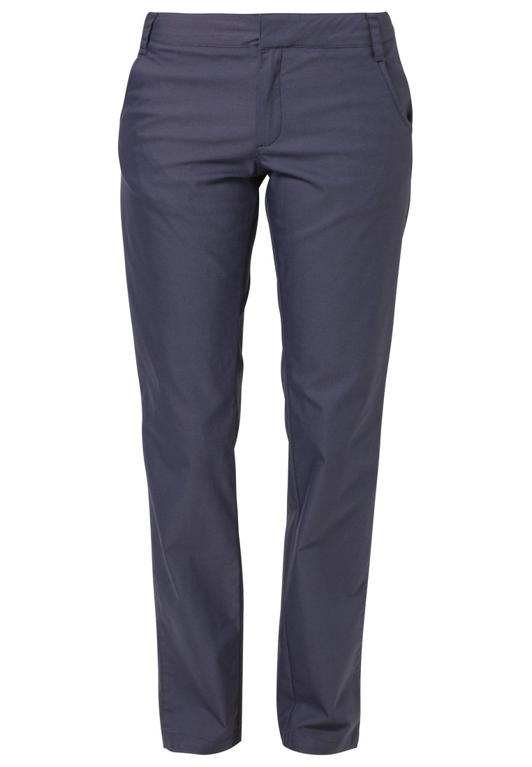 Navy blue trousers made of smooth, lightweight fabric. Features a slim fit, front pockets, and a flat waistband without embellishments.
