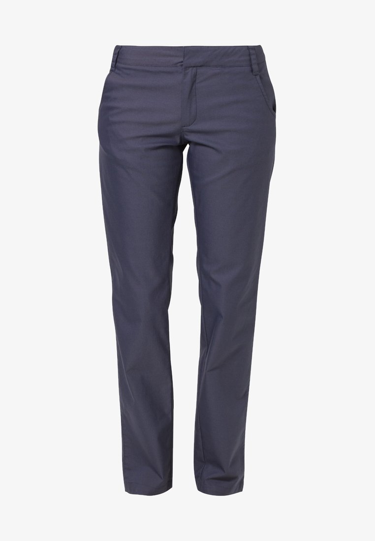 Navy blue trousers made of smooth, lightweight fabric. Features a slim fit, front pockets, and a flat waistband without embellishments.