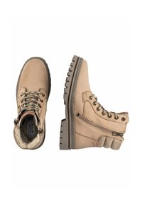 Beige Lederwanderstiefel mit strukturierten Seiten, Metallösen und gemusterten Schnürsenkeln. Dicke Gummisohle für Traktion. Sichtbares Fleecefutter.