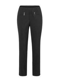 Pantalons noirs avec une taille élastique. Caractéristiques de deux poches avant zippées et d'un design à jambe droite. Fabriqués en tissu lisse et durable.