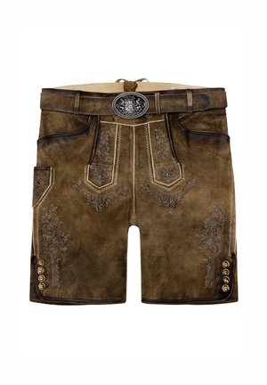 Brown leather shorts with embossed floral patterns, decorative stitching, a belt with a silver buckle, and button accents on the side.