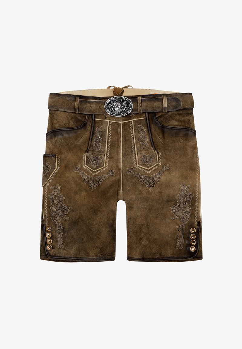 Pantalones cortos de cuero marrón con patrones florales en relieve, costuras decorativas, un cinturón con una hebilla de plata y detalles de botones en el costado.