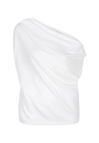 Witte top met één schouder in lichtgewicht stof, voorzien van een gedrapeerd ontwerp en een gladde textuur, met een aansluitende zoom.