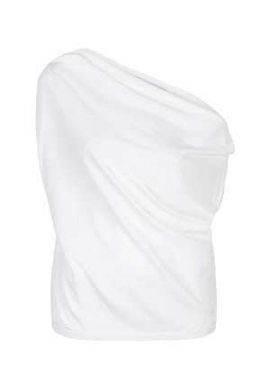 Witte top met één schouder in lichtgewicht stof, voorzien van een gedrapeerd ontwerp en een gladde textuur, met een aansluitende zoom.