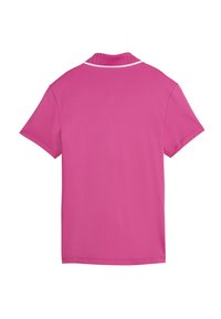 Kortærmet poloshirt i ensfarvet fængende pink, med ribstrikket krave med hvid kant og en glat, let stofstruktur.
