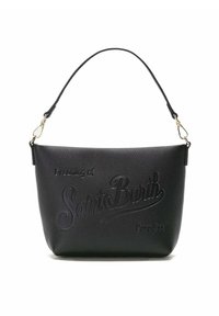 Borsa a mano in pelle nera con superficie texturizzata, caratterizzata da testi in rilievo che dicono "Sognando il Paradiso di Saint Barth". Include una tracolla removibile.