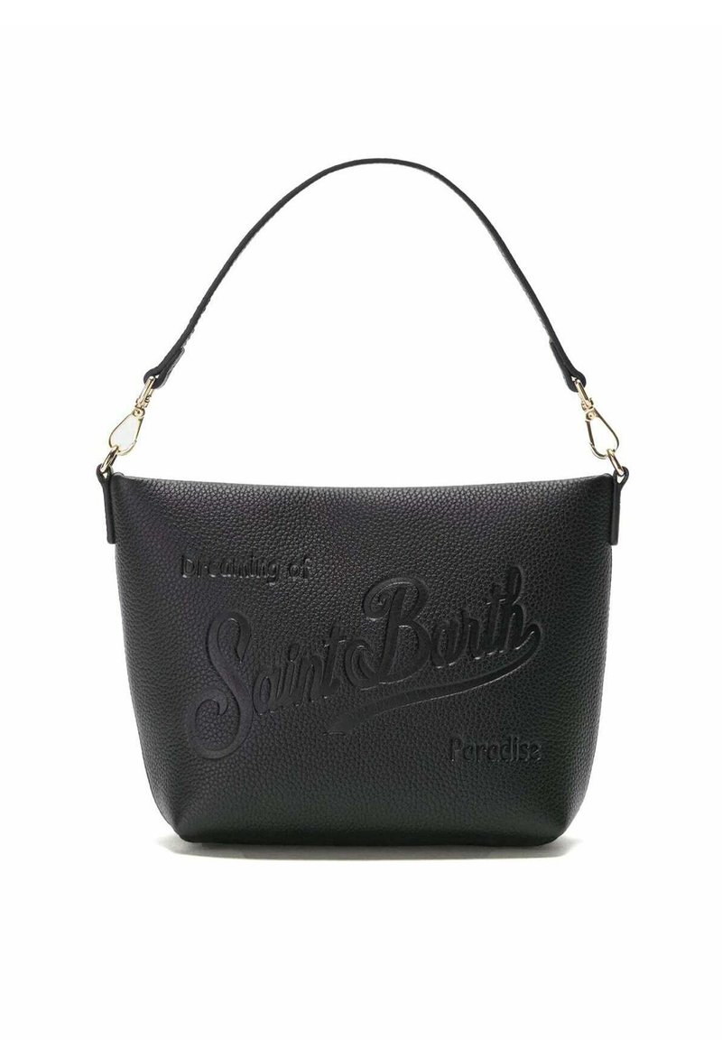 Borsa a mano in pelle nera con superficie texturizzata, caratterizzata da testi in rilievo che dicono "Sognando il Paradiso di Saint Barth". Include una tracolla removibile.