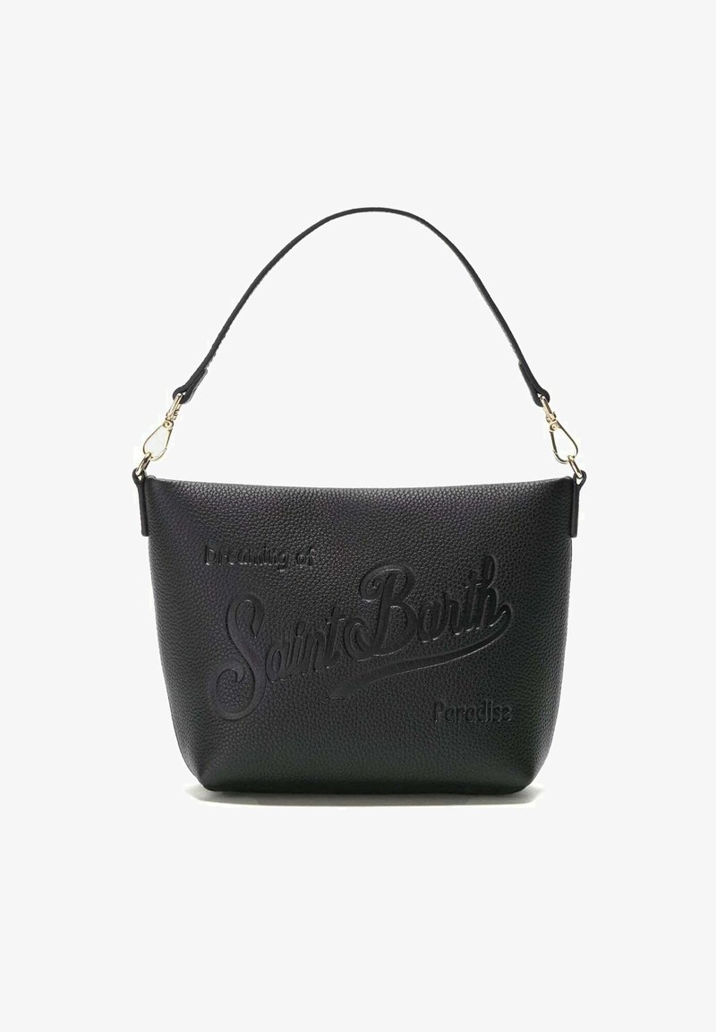 Borsa a mano in pelle nera con superficie texturizzata, caratterizzata da testi in rilievo che dicono "Sognando il Paradiso di Saint Barth". Include una tracolla removibile.