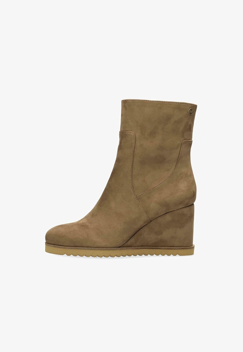 Brown suede wedge ankle boot featuring a rounded toe, elastic side panels, and a textured rubber sole with zigzag design along the edge.