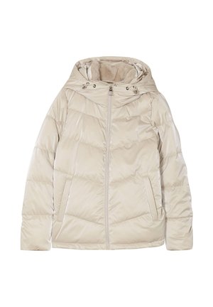 Veste en duvet beige avec une finition brillante, fermeture éclair à l'avant, capuche avec cordon de serrage et deux poches latérales. Présente un design de panneaux cousus et une doublure intérieure douce.