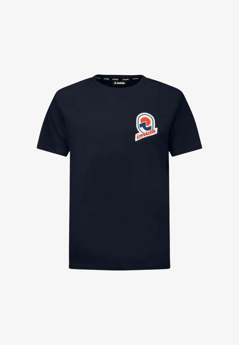 T-shirt in cotone blu navy con colletto rotondo e maniche corte. Presenta un logo ricamato colorato sul lato sinistro del petto.