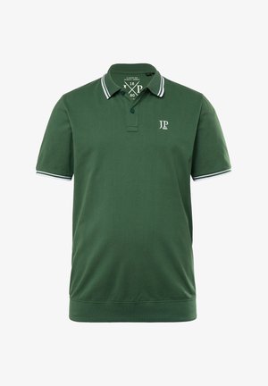 Donkergroen poloshirt van katoen. Heeft een geribbelde kraag met witte strepen, een twee-knopen sluiting en een geborduurd logo op de borst.