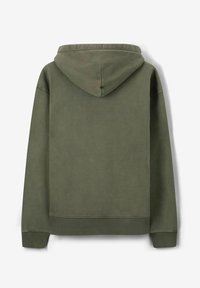 Olijfgroene hoodie met lange mouwen, geribde manchetten en een geribde zoom, weergegeven vanuit de achterkant op een effen witte achtergrond.