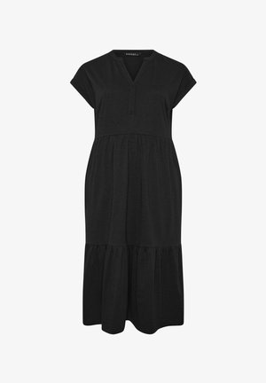 Schwarzes Midikleid mit kurzen Ärmeln, V-Ausschnitt, lockerem Sitz, geraffter Taille und mehrstufigem Rock.