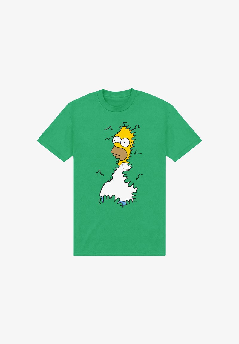 Zelené bavlněné tričko s kreslenou postavičkou Homera Simpsona skrývajícího se v keřích, v bílém tričku a modrých kalhotách.