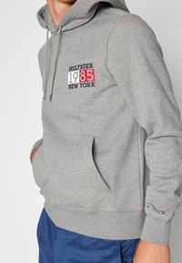 Felpa grigia con tasca a marsupio, con logo ricamato "HILFIGER 1985 NEW YORK" in blu, rosso e bianco. Cappuccio con cordino e polsini a costine.