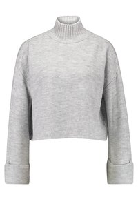 Grå kortärmad polotröja i mjukt material, med ribbad krage och vida ärmar. Designen är enkel med en slät yta.