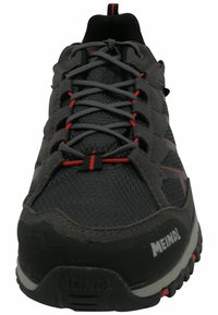 Black and gray athletic shoes with mesh upper, red accents, prominent lacing system, cushioned sole, and textured grip.