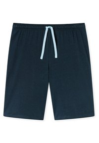Tmavě námořnické šortky vyrobené z měkké tkaniny, s elastickým pasem a světle modrým stahovacím šňůrkem, se střihovým designem rovného střihu.