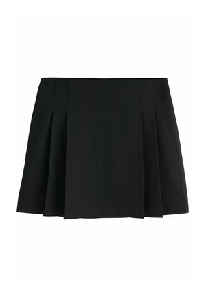 Black pleated skirt with an off-the-shoulder design, smooth texture, and a flared shape, suitable for various occasions.