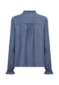 Denim shirt met lange mouwen, lichtblauwe kleur, gerimpelde kraag en verzamelde manchetten; heeft een achterpand en geplooide details.