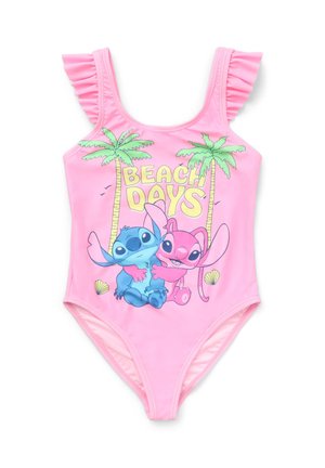 Costume da bagno intero rosa con spalline arricciate, caratterizzato da personaggi dei cartoni animati con palme e testo "BEACH DAYS" in giallo. Tessuto morbido e liscio.