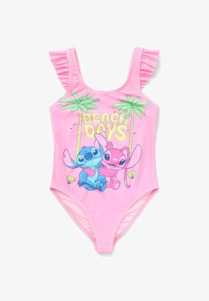 Costume da bagno intero rosa con spalline arricciate, caratterizzato da personaggi dei cartoni animati con palme e testo "BEACH DAYS" in giallo. Tessuto morbido e liscio.