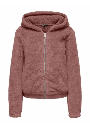 Mjuk, rosa-brun huva jacka med framdragkedja, långa ärmar och plyschig, fluffig textur.
