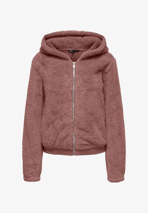 Mīksta, rozā-brūna kapuce ar priekšējo rāvējslēdzēju, garām piedurknēm un pūkainu, mīkstu tekstūru.