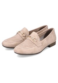 Beige suede loafers with perforated design, featuring a decorative gold-tone hardware accent and a low, stacked heel.