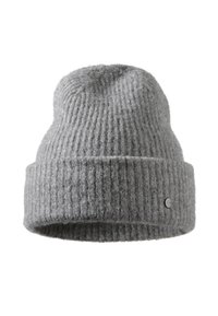 Beanie grigio lavorato a maglia con texture a coste, bordo piegato e un piccolo dettaglio rotondo con logo sul lato. Materiale morbido in misto lana.