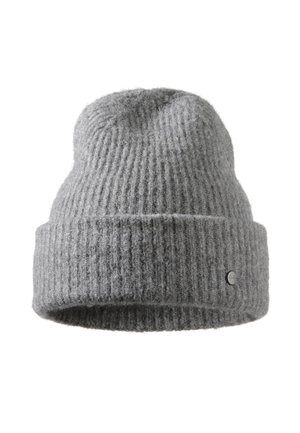Gray knitted beanie with a ribbed texture, fold-over cuff, and a small circular logo detail on the side. Soft wool blend material.