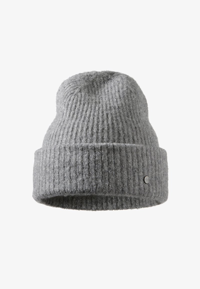 Beanie grigio lavorato a maglia con texture a coste, bordo piegato e un piccolo dettaglio rotondo con logo sul lato. Materiale morbido in misto lana.