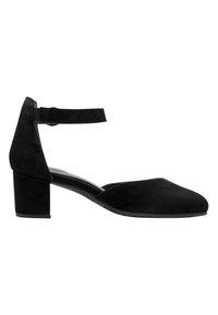 Chaussure noire en daim avec talon bas carré, bout pointu fermé et bride à la cheville avec fermeture velcro.