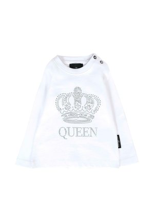 Camicia a maniche lunghe bianca in cotone con una grafica di una corona argentata sopra la parola "QUEEN", decorata con strass. Due dettagli a bottone sulla spalla.