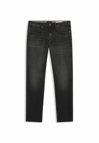 Ciemnoszare jeansy z denimu o prostych nogawkach, z pięcioma kieszeniami, delikatnym przetarciem i przeszyciami na pasku i kieszeniach.