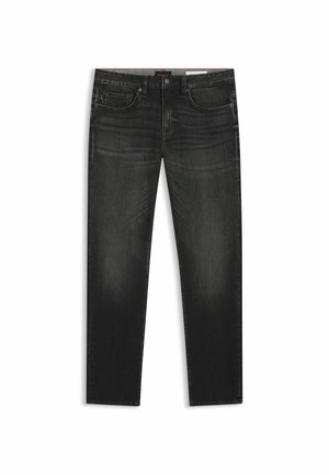 Donkere grijze spijkerbroek met een rechte pijp, vijf zakken, subtiele vlekkering en gestikte details op de tailleband en zakken.