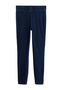 Jean slim bleu foncé avec cinq poches et passants de ceinture, présenté à plat sur fond blanc.