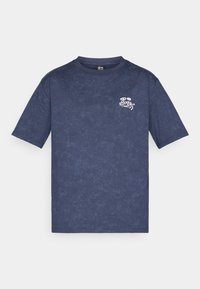 T-shirt a maniche corte blu navy con motivo testurizzato sottile e piccola grafica bianca con occhi e testo sul lato sinistro del petto.