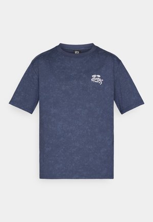 Navy blue short-sleeve t-shirt with subtle textured pattern and small white graphic with eyes and text on left chest.