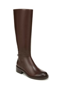 Bruine leren knie-high laars met een gladde afwerking, rechthoekige blokhak en minimale stikseldetails aan de zijkant en op de zool.