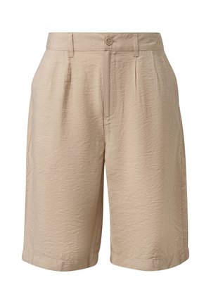Beige shorts made from lightweight, textured fabric. Features pleats, a button closure, and side pockets. Hemmed cuffs complete the design.