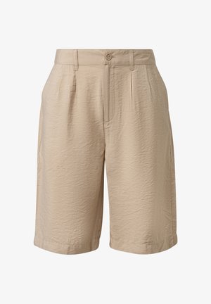 Beige shorts made from lightweight, textured fabric. Features pleats, a button closure, and side pockets. Hemmed cuffs complete the design.