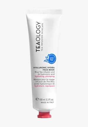 White tube with pink cap, labeled "TEAology Hyaluronic Hydra Face Mask," features blue tea infusion and six hyaluronic acids. 100 ml.